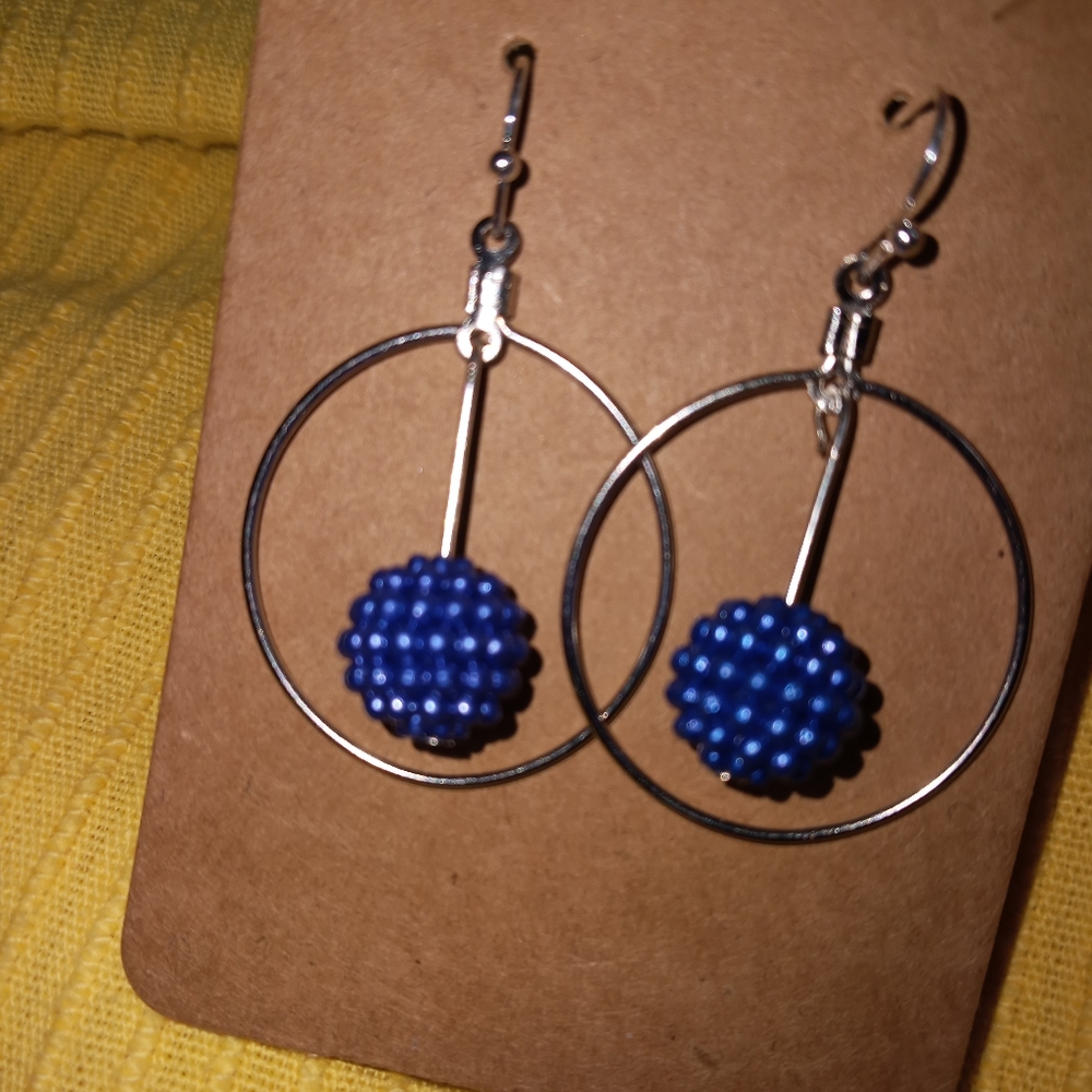 Hand crafted sterling silver hoop drop earrings with blue ball statement earring